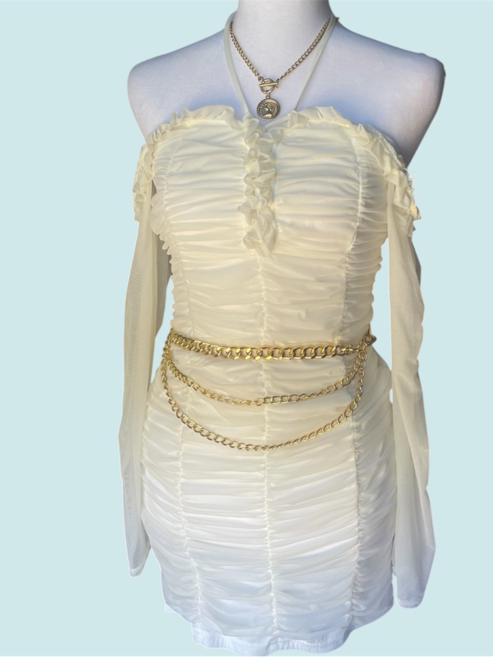 Fashion Nova Off-Shoulder White Ruched Lace-Up Mesh Bodycon Dress - Picture 4 of 6